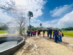 Technicians installing a solar pump system donated by Diya Saviya Powered By Deep Tec Group of Companies for a solar water pump project in Galgamuwa.