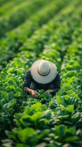 Sri Lankan farmer inspecting leafy greens