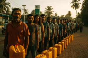 Queue of Sri Lankan people with fuel cans at a petrol station during a fuel crisis